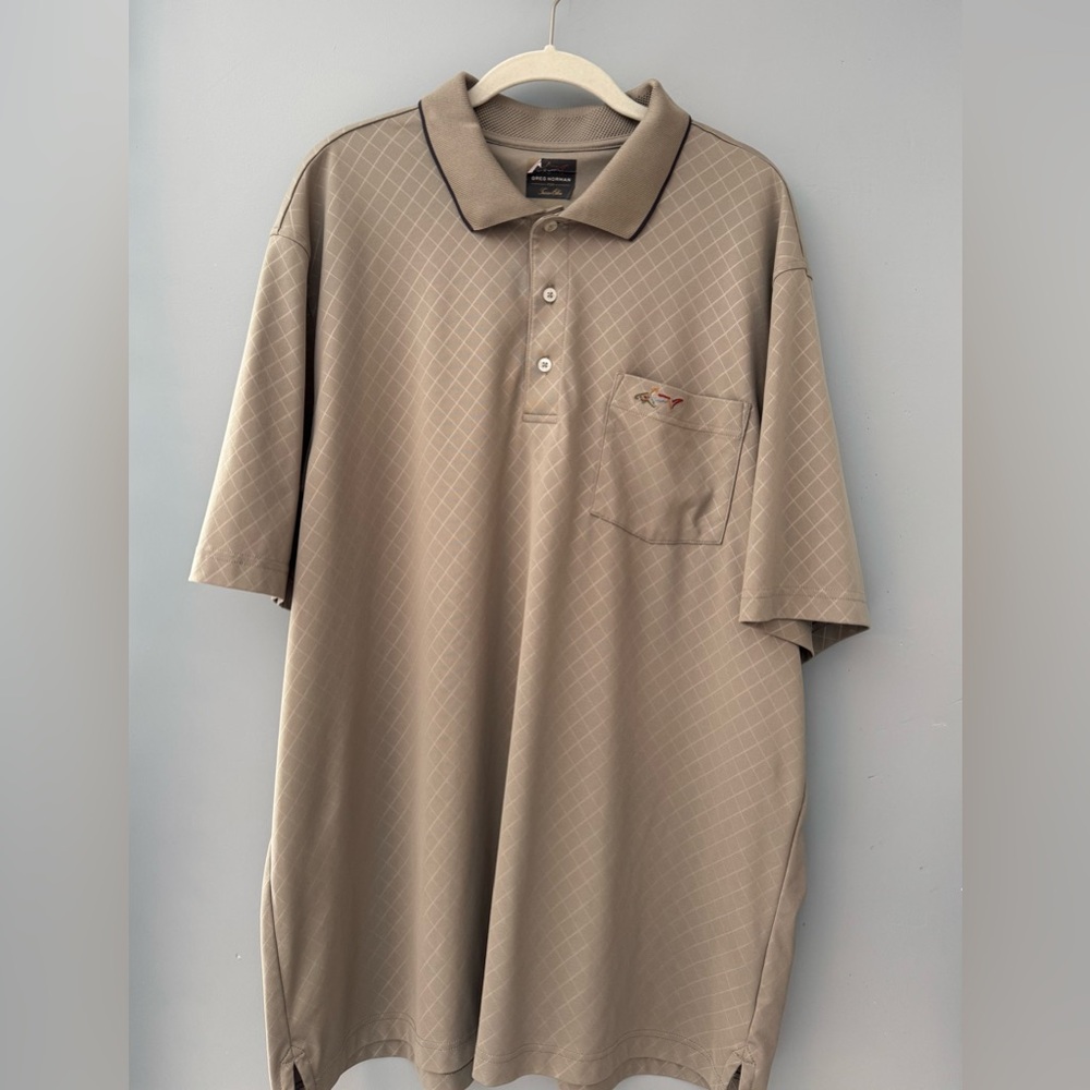 Greg Norman for Tasso Elba Mens XL Short Sleeve Golf Shirt Tan Diamond Design